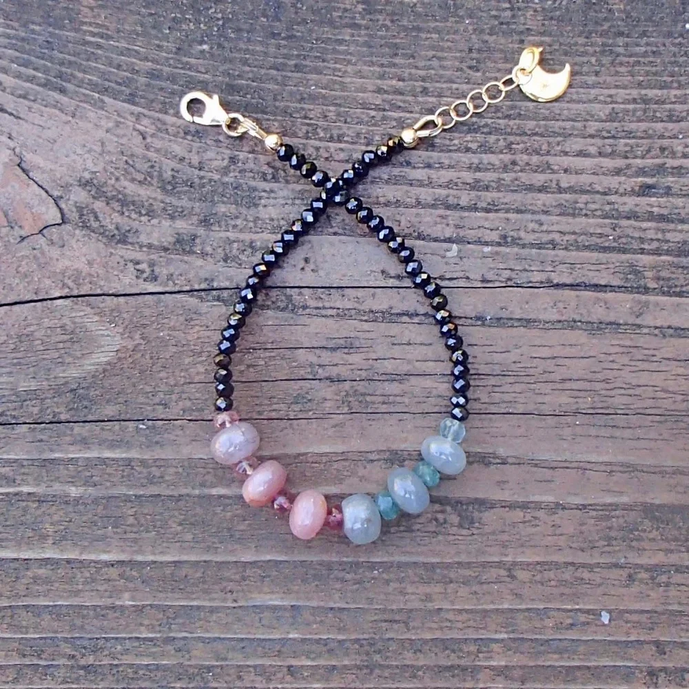 Sparkling Natural Black Spinel , Emerald and Sapphire Bracelet 14K Gold Filled - Picture 9 of 10